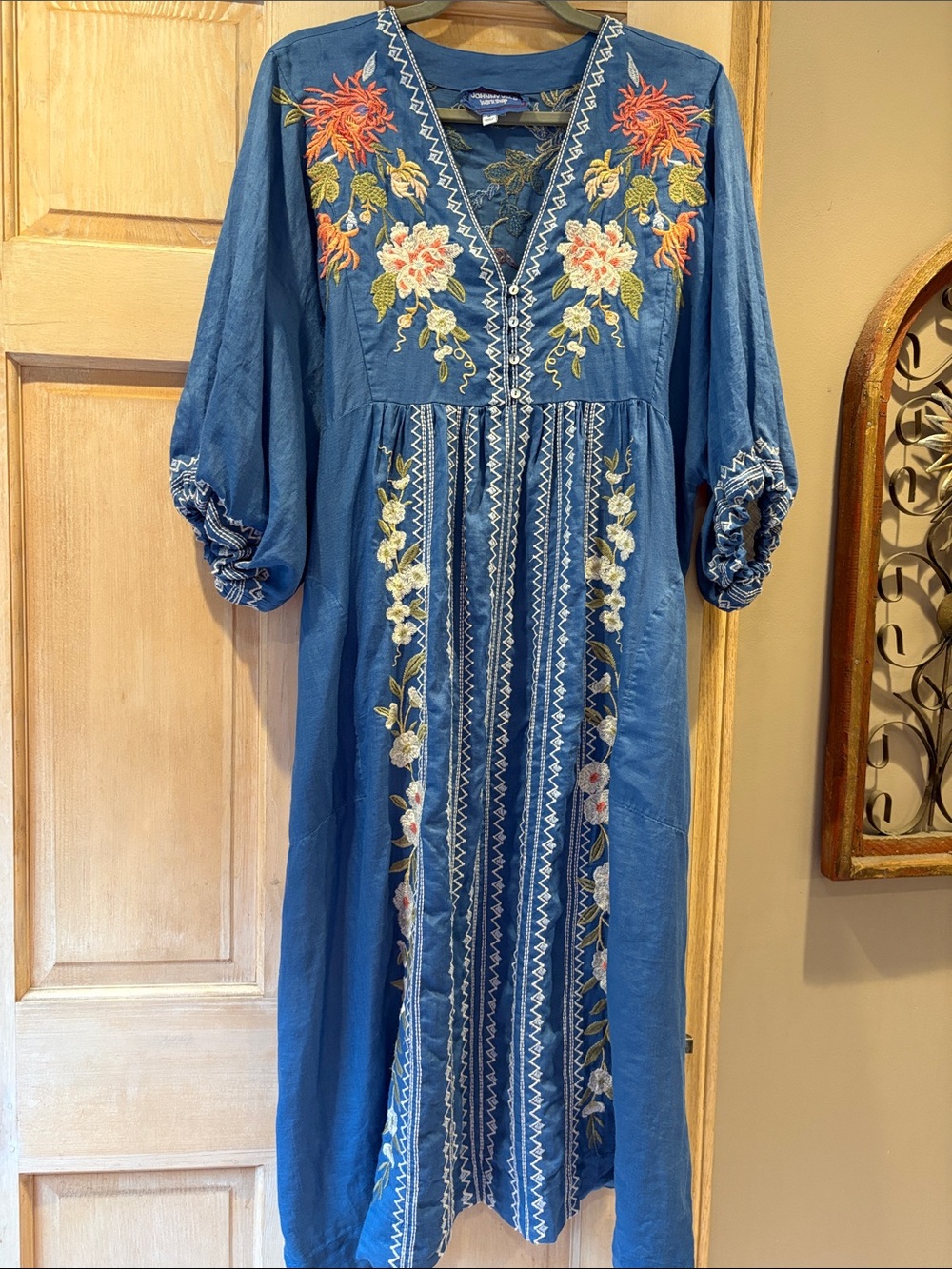 Johnny Was Nalina Blue Embroidered Boho Dress M